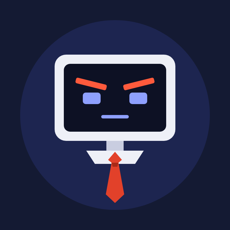The AI Boss mascot: a stern computer monitor wearing a red tie